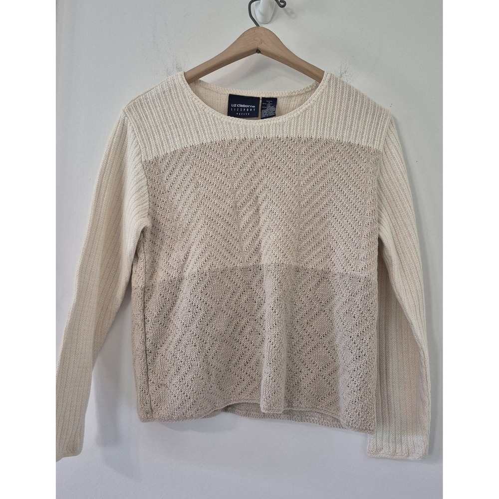 Vintage Liz Claiborne Linen Cotton Sweater Petite Small Patchwork Knit 90s Hygge